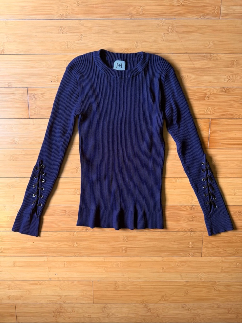NWOT Ribbed Navy Sweater Lace Up Sleeve Top Petite Small | Fitted Knit